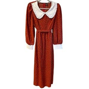 Shein Brown Floral Peter Pan Collar Belted Zip Bishop Sleeve Cottagecore Dress L